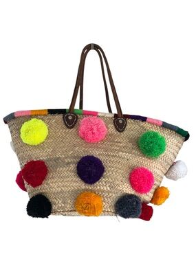 Soeur du Maroc Oversized Straw Beach Bag Multicolored Pom Pom Tote